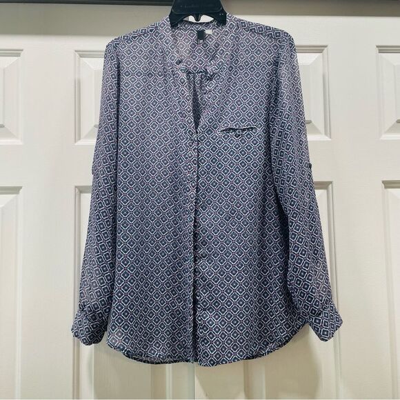Kut from the Kloth Geometric Sheer Button Down Blouse Size M - Picture 2 of 12